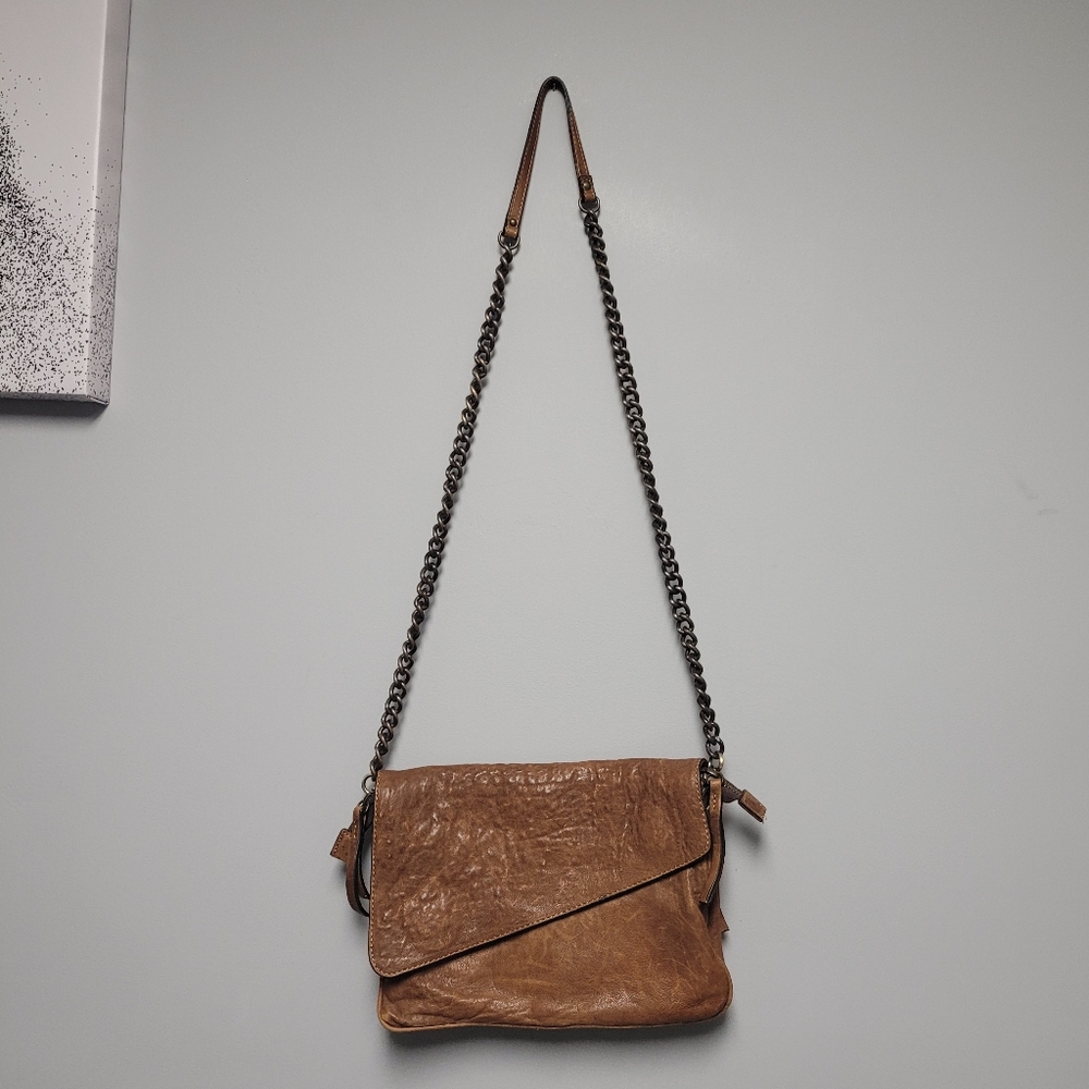 Maxon Collection Tan Brown Worn Leather Chain Strap Crossbody Handbag Bag Italy